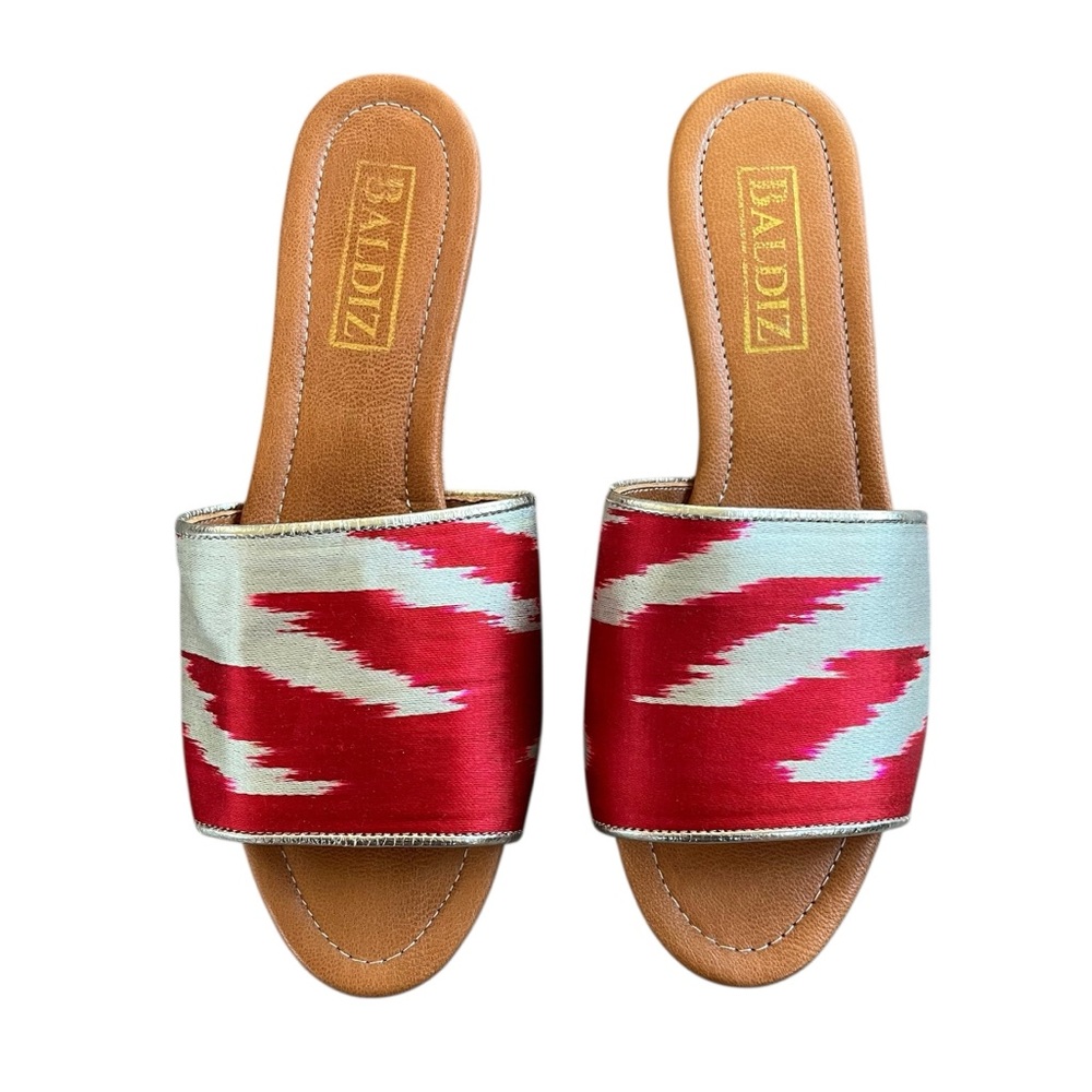 Baldiz Boho Magenta & Metallic Gold Ikat Silk Slide Sandals Size 40 (9 US) EUC